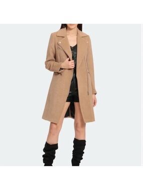 Avec les filles camel moto zip wool blend twill coat Womens Medium Winter fabric